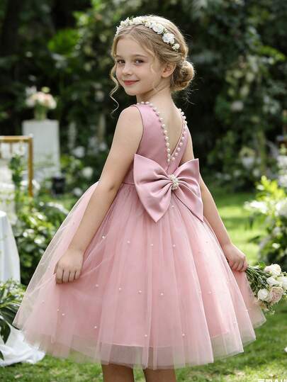 Young Girl's Bowknot Deep V Back Tulle Party Princess Dress, Suitable For Birthday Party, Banquet, Costume Ball, Wedding Flower Girl, Bridesmaids, Special Occasion Holiday Celebration