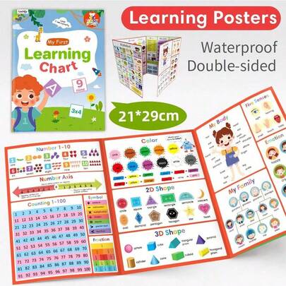 Lachilly Portable "My First Words" Learning Poster, Includes English Word Education Flashcards And Workbook, Suitable For Toddlers - Teaches Alphabet, Numbers, Fruits, Vegetables, Body Parts, Montessori Toys And Vocabulary Cards, Early Learning Material And School Supplies, Also Suitable For Home Education.