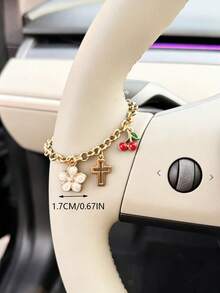 1pc Sweet Cherry Blossom Alloy Flower Cross Decor Chain, Car Steering Wheel Interior Decoration - A - View 7