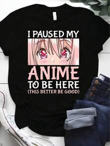 Pausé Mi Anime para Estar Aquí Camisetas con Estampado de Anime Otaku Camiseta Casual de Manga Corta para Mujer - Negro - Ver 6