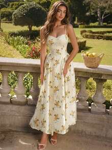 Women's Elegant Cream Yellow Rose Print Sweetheart Neck Spaghetti Strap Midi Dress, Chic Romantic Vacation Dress - Light Yellow - View 1