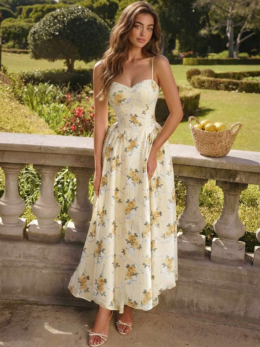 Women's Elegant Cream Yellow Rose Print Sweetheart Neck Spaghetti Strap Midi Dress, Chic Romantic Vacation Dress - Light Yellow - View 1