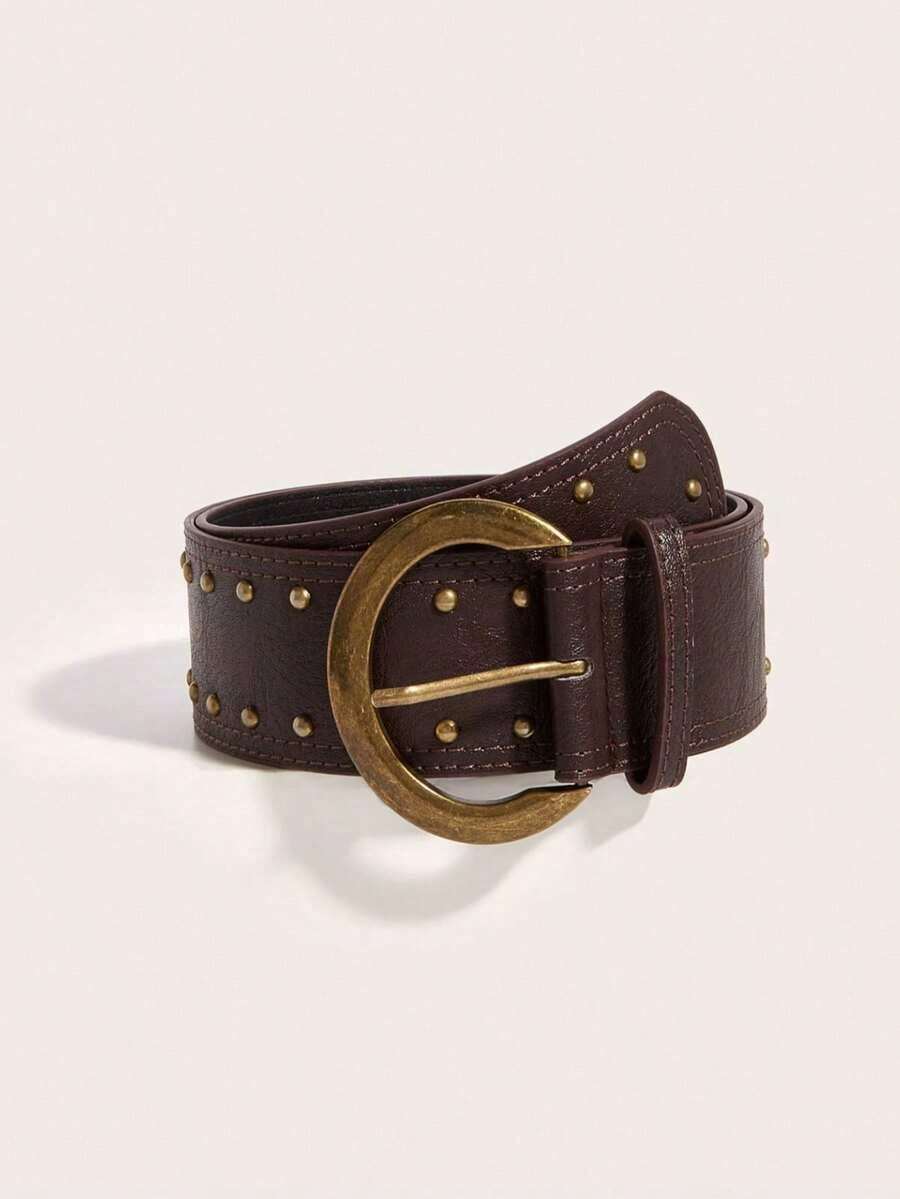 1pc Women's Dark Western Style Heavy Studded Wide Waist Belt - Black - View 1