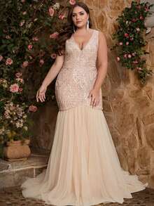 Women Plus Size Elegant Sequin & Mesh Patchwork Mermaid Formal Prom Dresses, Suitable For Evening Party, Graduation, Stage Performance, Homecoming, Prom, Spring/Summer/Autumn/Winter - Champagne - View 1