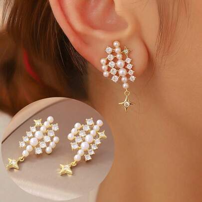 Hihho 一对奢华闪亮锆石镶嵌珍珠点缀优雅泡泡星形锆石耳环，适合正式场合，也是送给爱人的节日礼物。