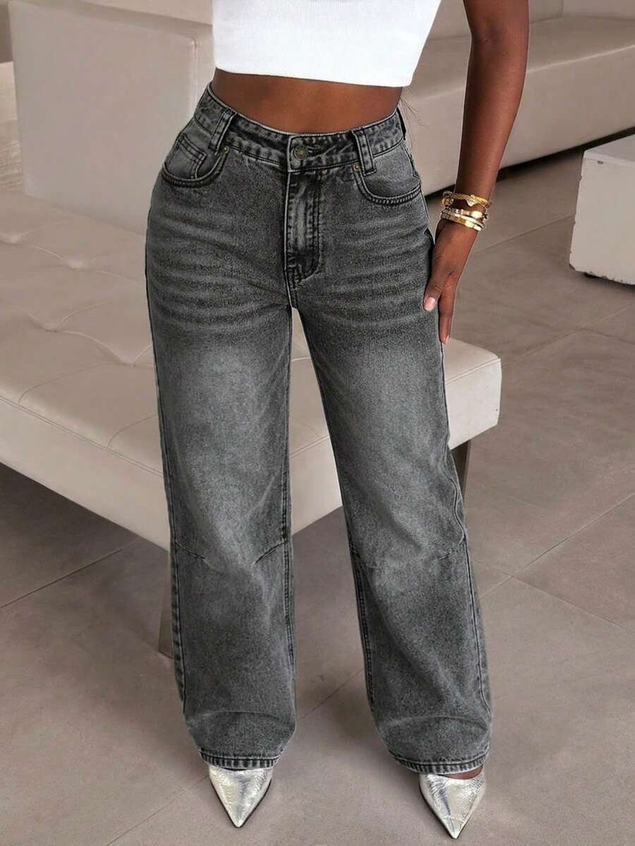 Women's Casual Loose Fit Pocket Jeans - Grey - View 1