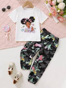 2件套卡通少女元素短袖圆领T恤和迷彩工装裤休闲可爱女童套装 - 白色 - 查看 5