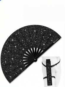 1 Piece Glitter Big Carnival Folding Hand Fan For EDM, Festivals, Clubs, Parties, Dancing (Silver + Black), Sparkling - Multicolor - View 1