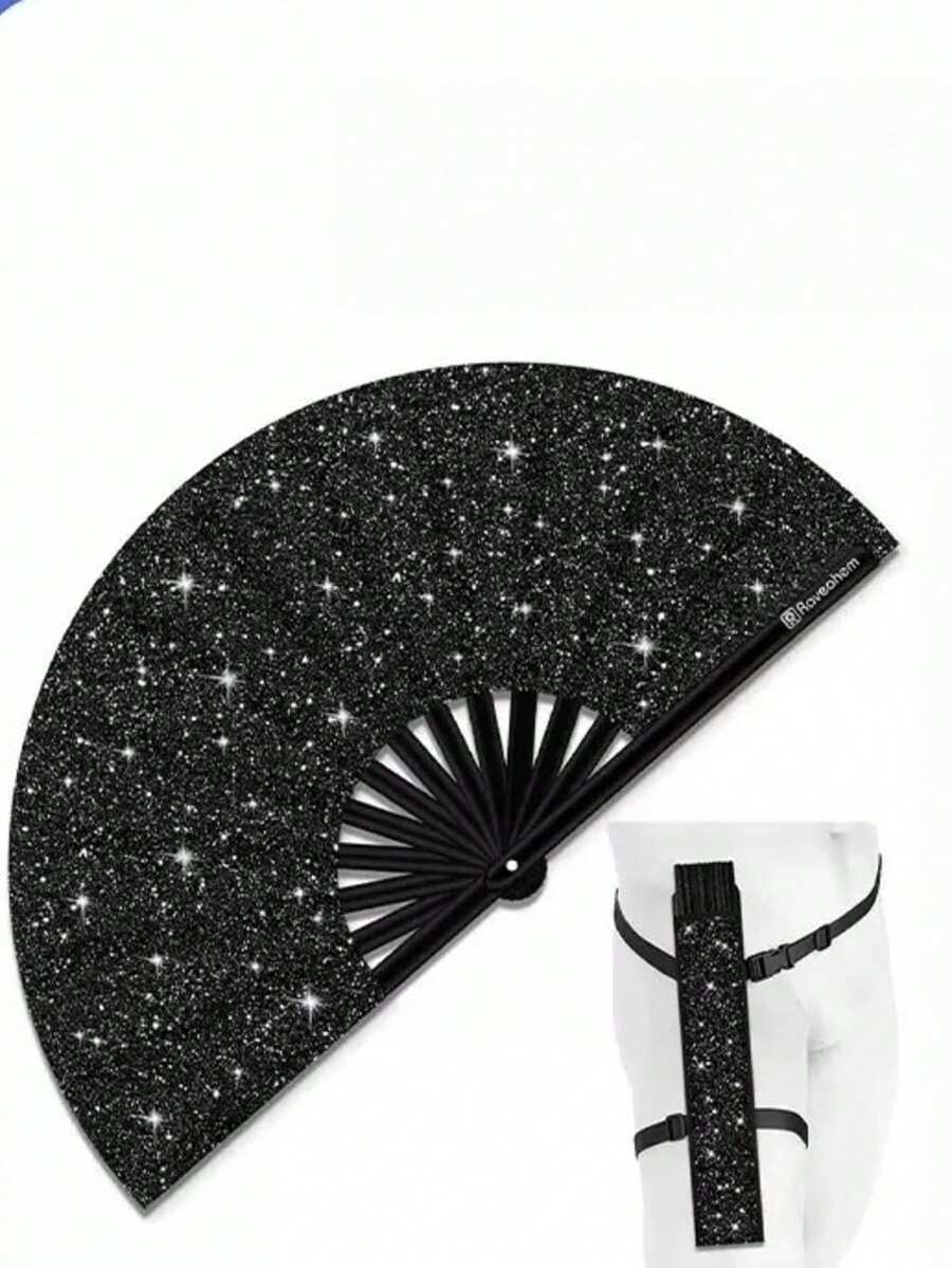 1 Piece Glitter Big Carnival Folding Hand Fan For EDM, Festivals, Clubs, Parties, Dancing (Silver + Black), Sparkling - Multicolor - View 1