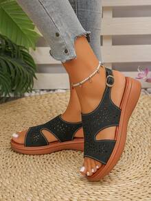 Plus Size Women's Summer New Fashion Elegant Bow Gold Strap Peep Toe Thick Sole Sandals, Comfortable Versatile Daily Wear Sandals - Black Matte Carved Floral Openwork - View 5