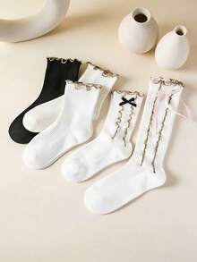 1 Pair Women's Mid-Calf Socks, Solid Color Minimalist Lace Trim Ankle Socks, Ruffle Edge Short Socks With Bow Design, Essential For Casual Daily Wear - Multicolor - View 6