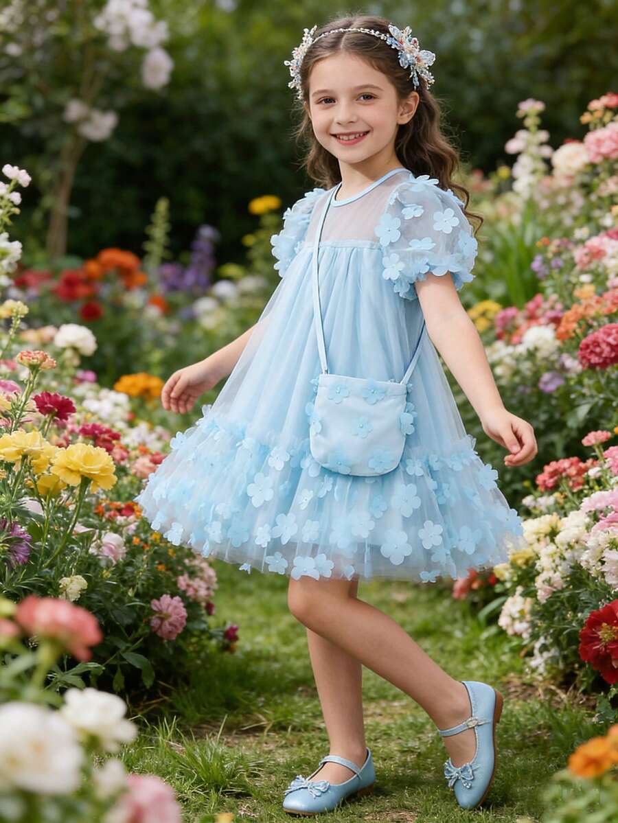 Young Girl Summer Mesh Contrast 3D Flower Fashion Princess Dress With Shoulder Bag, One-Piece Dress - Blue - View 1
