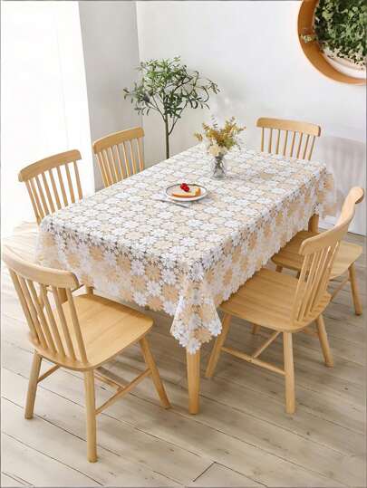 HXARTMIS 1 Set elegante zweifarbige Sonnenblumen-Stickerei Tischdecke mit Cut-Out-Muster, inklusive 4 passenden Untersetzer, Kunststoff Tischdecke, geeignet für Zuhause, Schlafzimmer, Wohnzimmer, Küche, Esszimmer, Outdoor, Party, Hochzeit, Geburtstag, vielseitig für verschiedene Anlässe und Feiertage, in mehreren Größen erhältlich