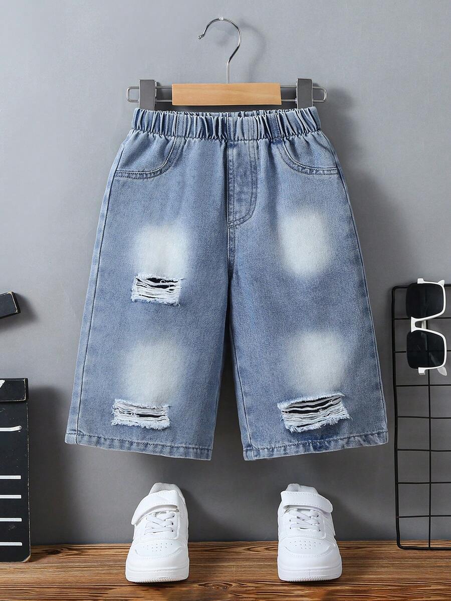 Quần jean lửng denim rách tối giản phong cách đường phố dành cho bé trai, phù hợp cho mùa xuân, hè, thu, mặc hàng ngày, đi nghỉ mát cùng gia đình, đi học. - Rửa nhẹ - Xem 1