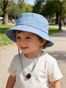 1pc Baby Anti-Drop Lanyard Bucket Hat, Dinosaur Embroidery + Soft Color Blocking Sun Protection Cute Daily Essential Cap - Little Dinosaur - View 3