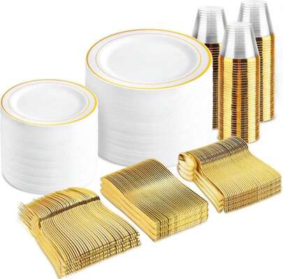 White Gold Disposable Dinnerware Set - Rose Gold Plastic Plates Include Dinner _  Dessert Plates,  Knives,  Forks,  Spoons,  Cups For Party, Wedding &Amp; Valentines Day