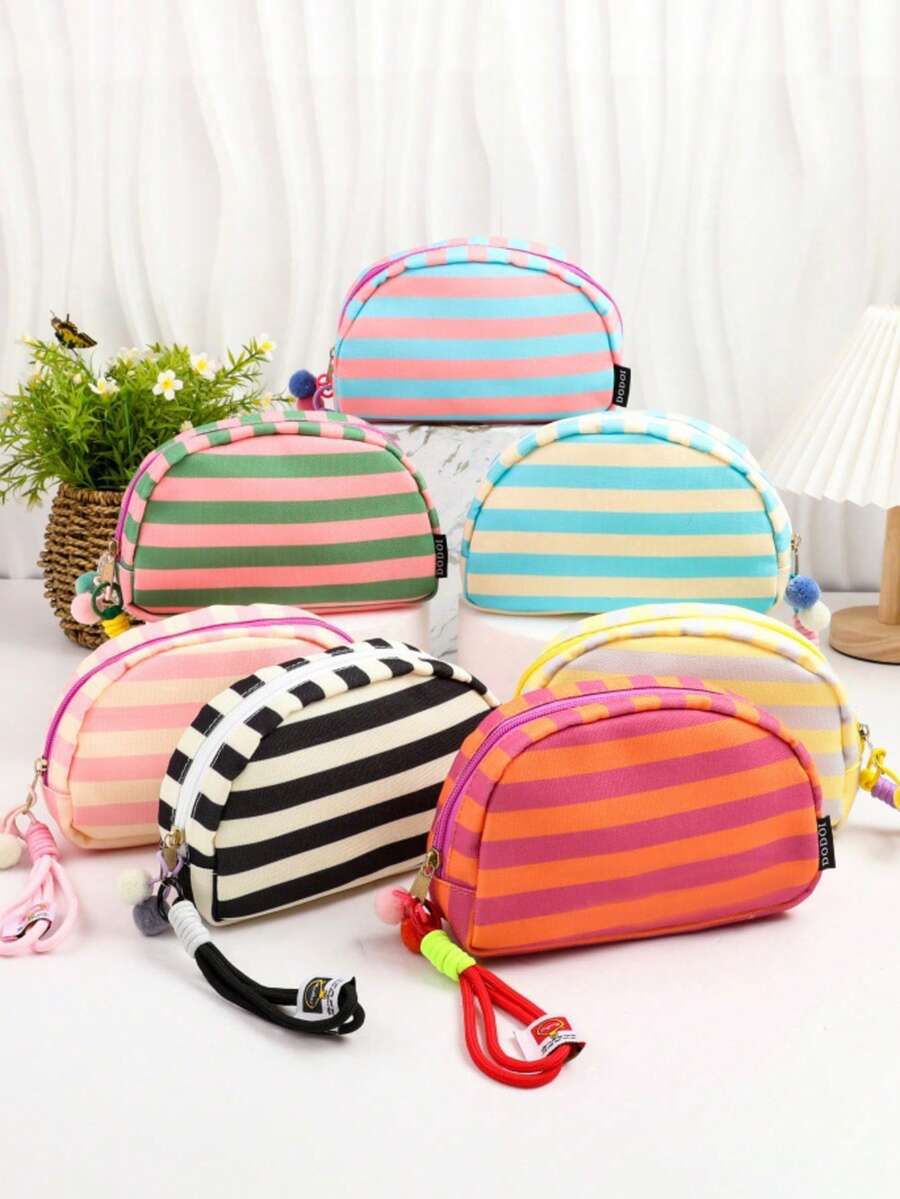 1SET Dopamine-Infused Stylish Seashell Cosmetic Bag, Simple Striped Storage Bag, Portable Travel Toiletry Bag, Multi-Functional Storage Bag.Pom-Pom Decorative Pendant Toiletries Bag Wash Bag Large Capacity Shower Bag For Women Mothers Day Gift Teacher Gift Cruise Essentials Travel Essential - Multicolor - View 1