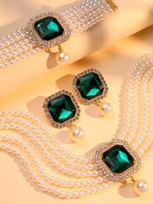 4pcs Set Luxurious Exaggerated Multi-Layer Faux Pearl, Rhinestone And Crystal Embedded Necklace, Earrings, Bracelet Jewelry Set, Suitable For Women's Wedding, Party, And Holiday Gifts - Multicolor - View 6