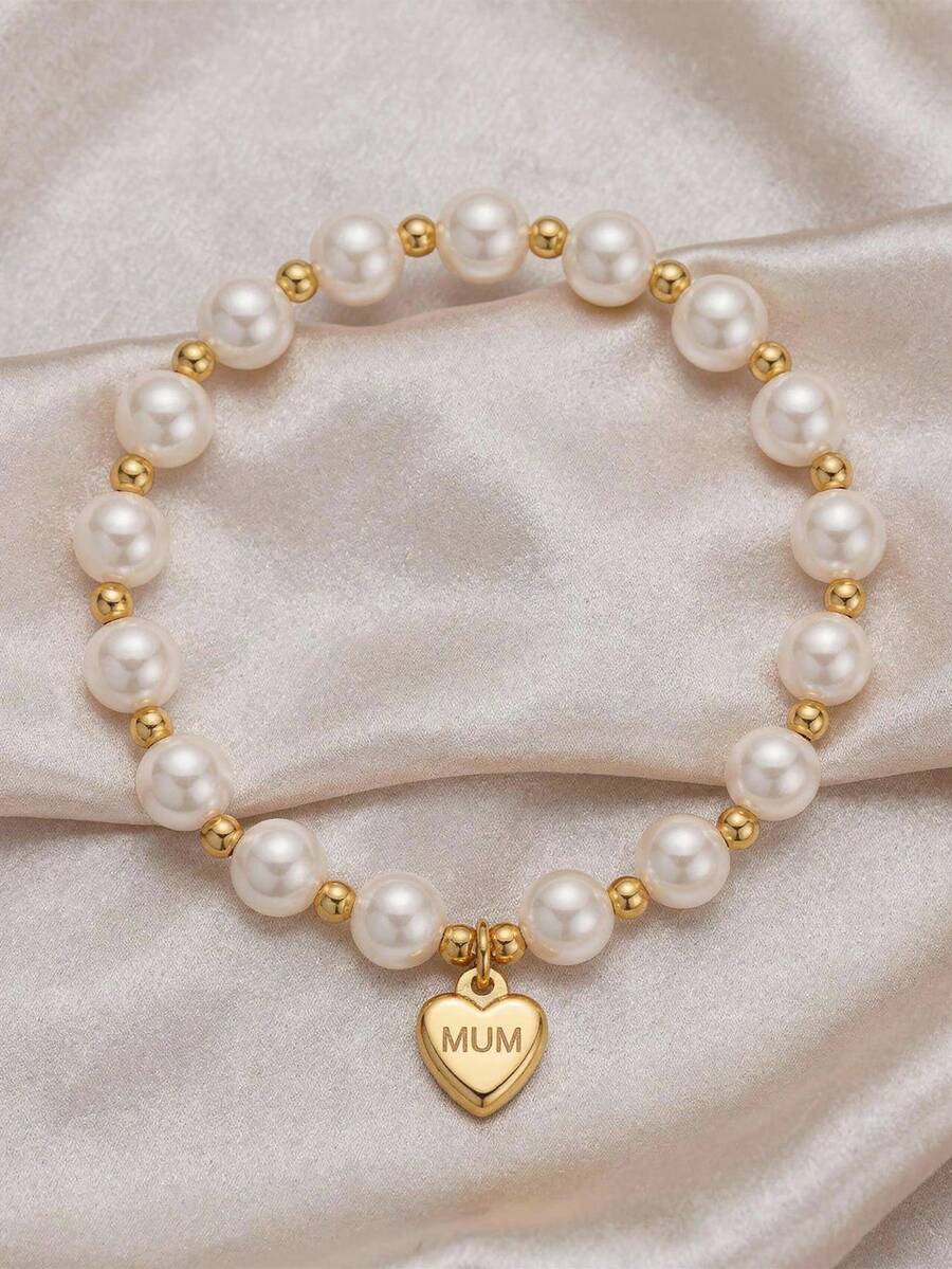 ZIRUISP 1pc Faux Pearl Beaded Bracelet For Women, Gold Stainless Steel MUM Heart Pendant Bracelet, Elastic Bracelet, Birthday Mother's Day Jewelry Fashion Accessories Gift For Mom - Heart-shaped Pearl Bracelet - View 1