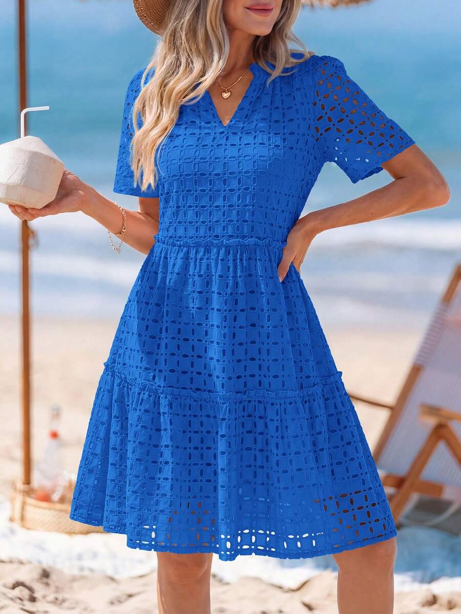 PRETTYGARDEN Women's Summer Dress V-Neck Hollow Eyelet Ruffle A-Line Hem Elegant Short Casual Wedding Graduation Travel Beach Holiday Vacation Blue Dresses For Women - 藍色 - 查看 1