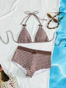 Sultry Sol Đồ bơi nữ; Gợi cảm & Thời trang; Bộ đồ bơi 2 mảnh màu hồng; Bãi biển mùa hè; Bộ bikini; Họa tiết kẻ caro; Trang trí nơ; Đồ bơi nữ gợi cảm, Đồ bơi thời trang phù hợp cho tiệc bể bơi, kỳ nghỉ; Đồ bơi nữ, Đồ bơi nữ, Kỳ nghỉ bikini - màu nâu - Xem 2