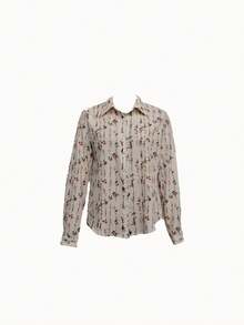 女士优雅印花长袖纽扣衬衫，休闲宽松版型上衣 - 彩色 - 查看 2