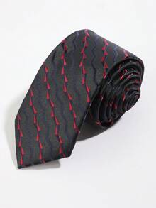 1条男士黑色底红色和蓝色波浪图案领带，商务正式预系领带 - 酒紅色 - 查看 6