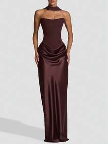 Đầm maxi cúp ngực gợi cảm Maggie dành cho nữ, ôm sát cơ thể, màu nâu, dáng dài, xếp ly, thắt dây phía sau, thanh lịch, thích hợp cho sinh nhật, dạ hội, tiệc cocktail. - màu nâu - Xem 4