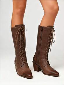 Women's Easter Leather Brown Mid Calf Boots Lace Up Chunky Heel Vintage Combat Heeled Dress Casual Boots Country Concert Combat Boots For Women - 棕色 - 查看 4