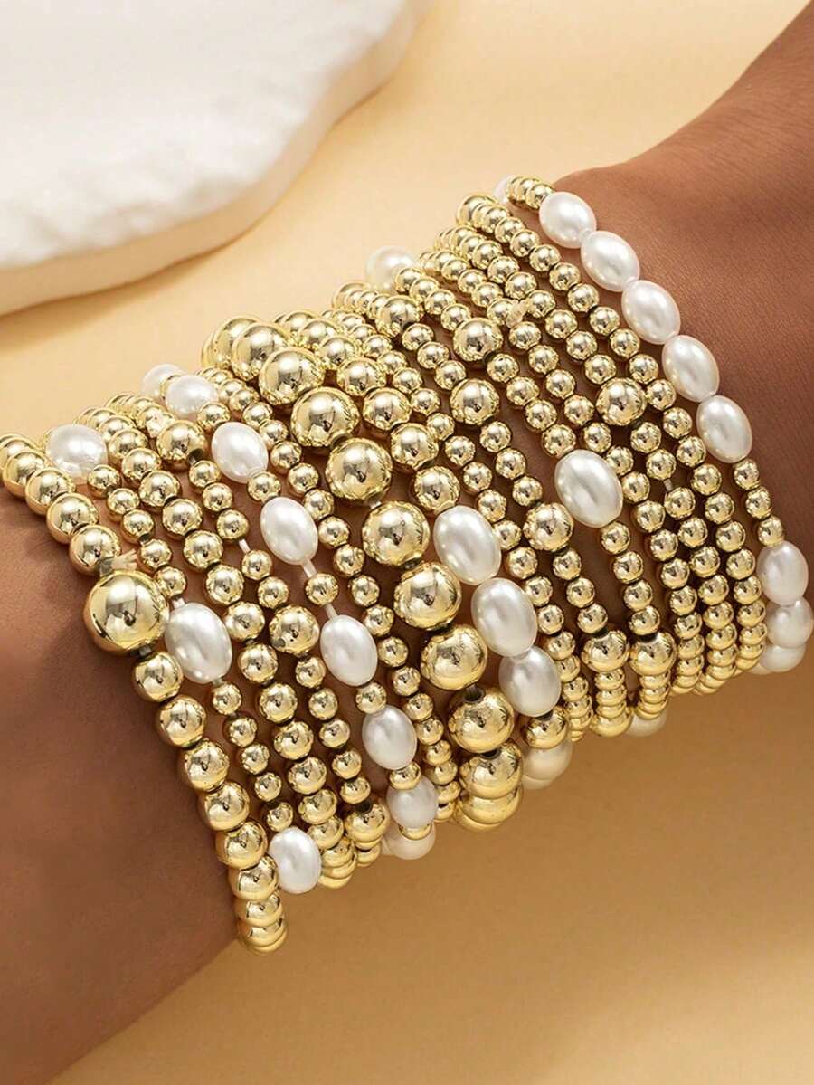 Bộ 15 vòng tay giả ngọc trai co giãn thời trang, phụ kiện trang sức quà tặng thanh lịch dành cho phụ nữ. - Màu vàng kim (15 chiếc) - Xem 1