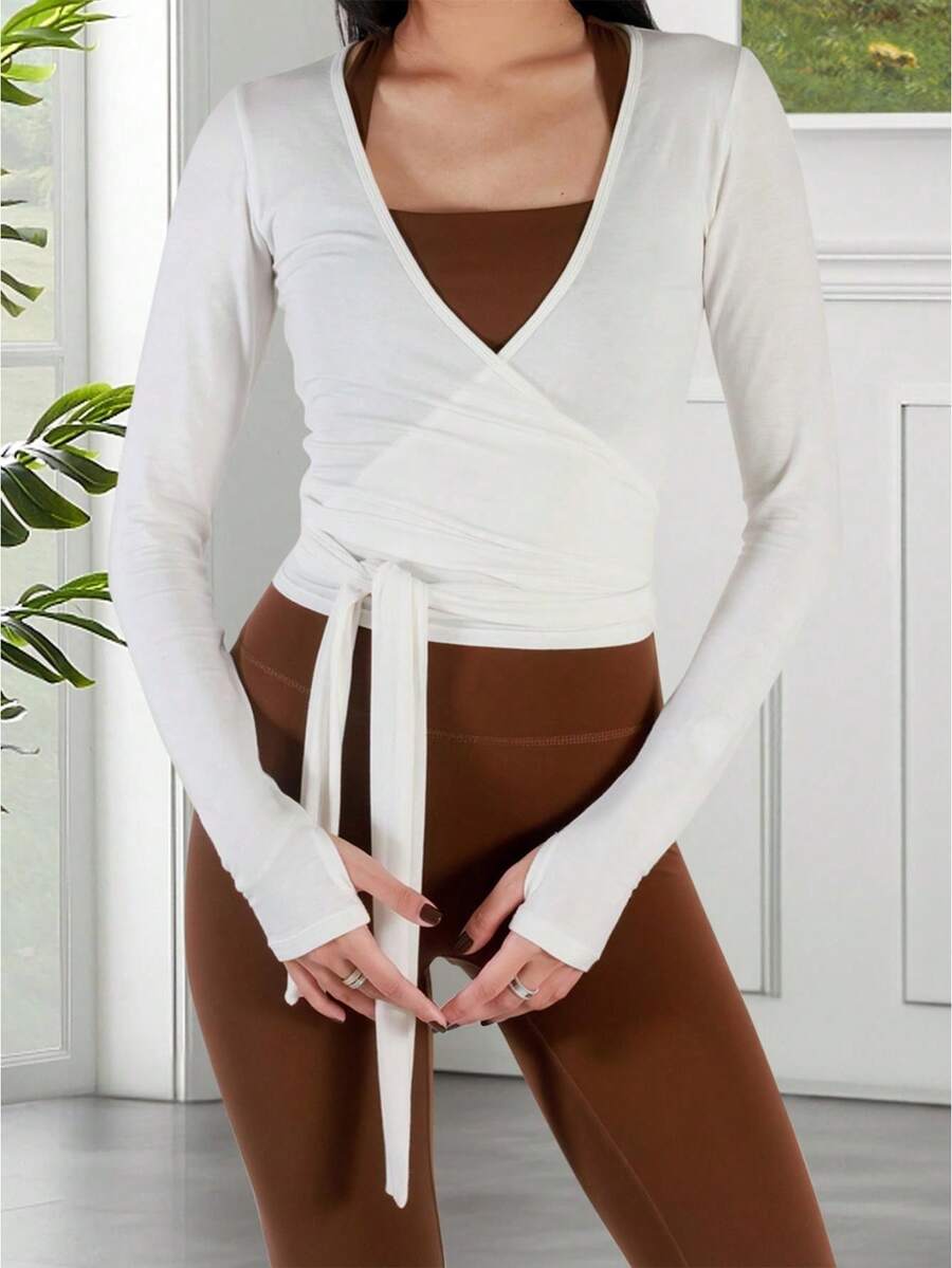 Balletcore Solid Wrap Top For Women - Stylish V Neck Slim Fit Long Sleeve Yoga Shirt, Aesthetic Dance Inspired Workout Tee, Chic Streetwear - 白色 - 查看 1