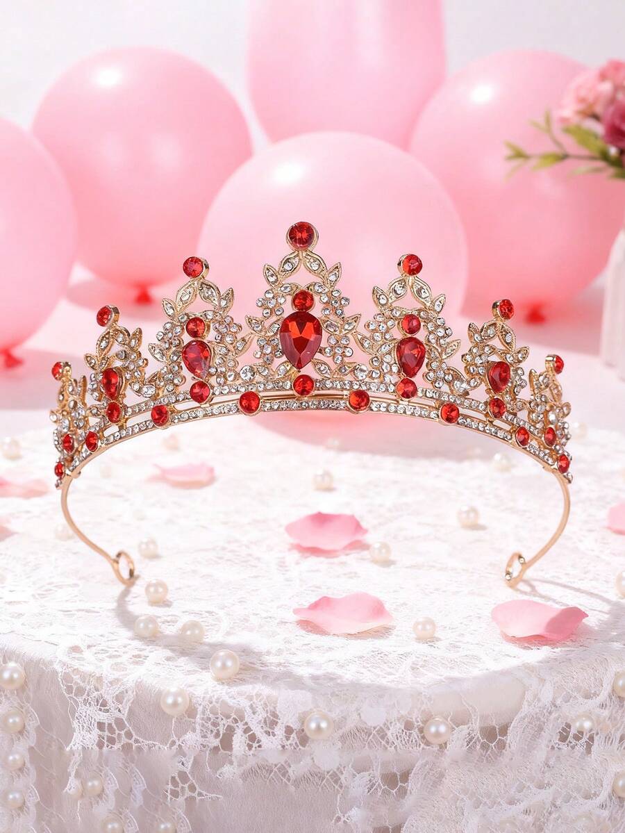 1件优雅合金皇冠，适合新娘、女士婚礼、派对、生日、公主装扮配饰 - 紅色 - 查看 1