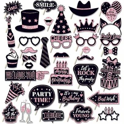 36 stuks zwarte en zilveren fotohokje-accessoires voor een verjaardag, zwarte en gouden verjaardagsfeestdecoraties voor mannen en vrouwen