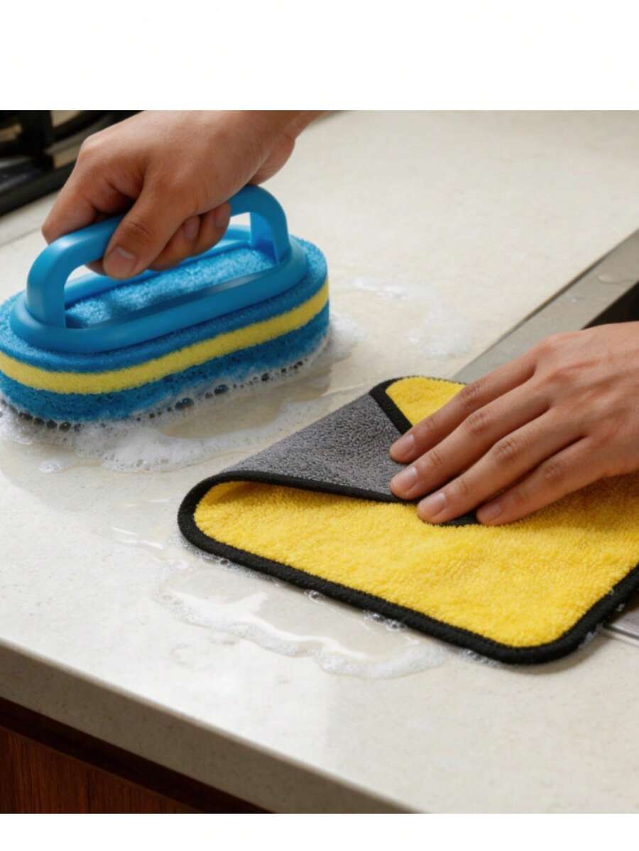A Sponge Cleaning Brush With A Handle, Which Can Be Used At Home To With Stubborn Stains, Can Effectively Remove Scale From Bathtubs And Grease From Cookware. A Cleaning Sponge For Kitchens And Bathrooms