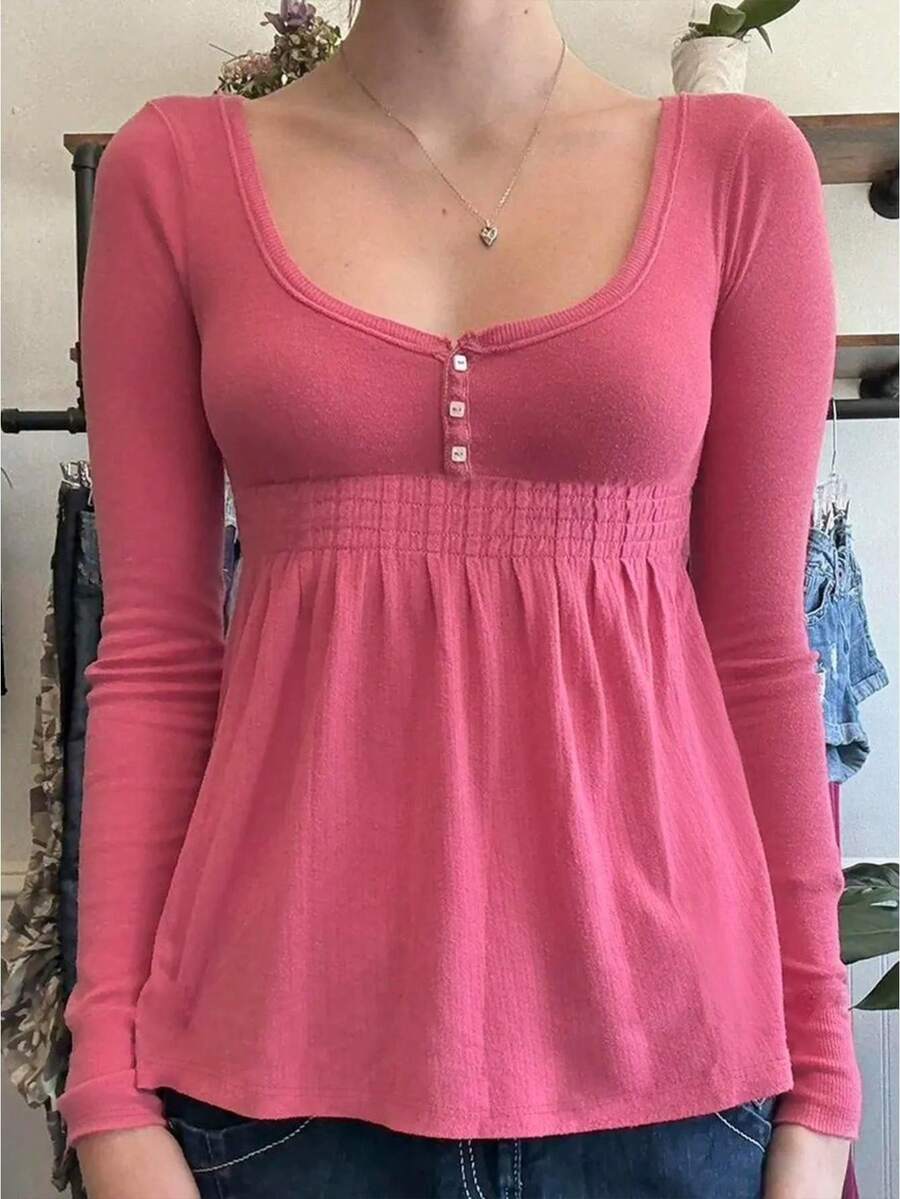 Women Peplum Tops Y2k Long Sleeve Babydoll Henley Shirts Cute Sweetheart Neck Coquette Top Spring Fall Streetwear Teen Girls Young Girls Going Out Party Club Outfits - 粉色 - 查看 1