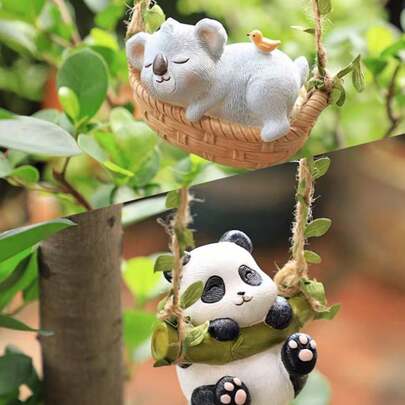 1pc Realistic Panda/Koala Swing Ornament, Cute Resin Animal Hanging Decor For Planter, Indoor AC Unit, Outdoor Garden, Yard, Back To School, DIY Gardening, Gift