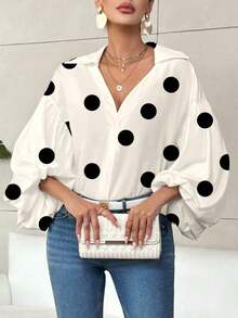 Blusa elegante de manga larga con estampado de lunares para mujer de talla grande, blusa holgada de manga farol de cuello en V, estilo casual de vacaciones de primavera en blanco [estampado aleatorio] - Blanco - Ver 5