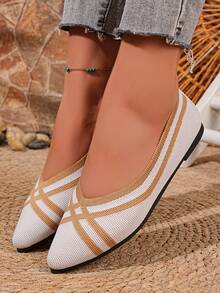 Damen gestreifte Spitze Zehen Strick Slip-On Flache Schuhe, gestreifte modische Lässig Strand Boho bequeme Flache Schuhe für Zuhause & alle Jahreszeiten - Weiss - Übersicht 8