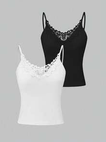 2pcs Women's Summer Casual Versatile Solid Color Contrast Lace Slim Fit Camisole - Black - View 1