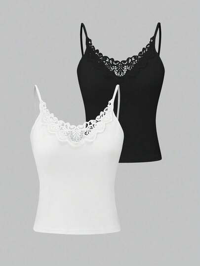 2pcs Women's Summer Casual Versatile Solid Color Contrast Lace Slim Fit Camisole
