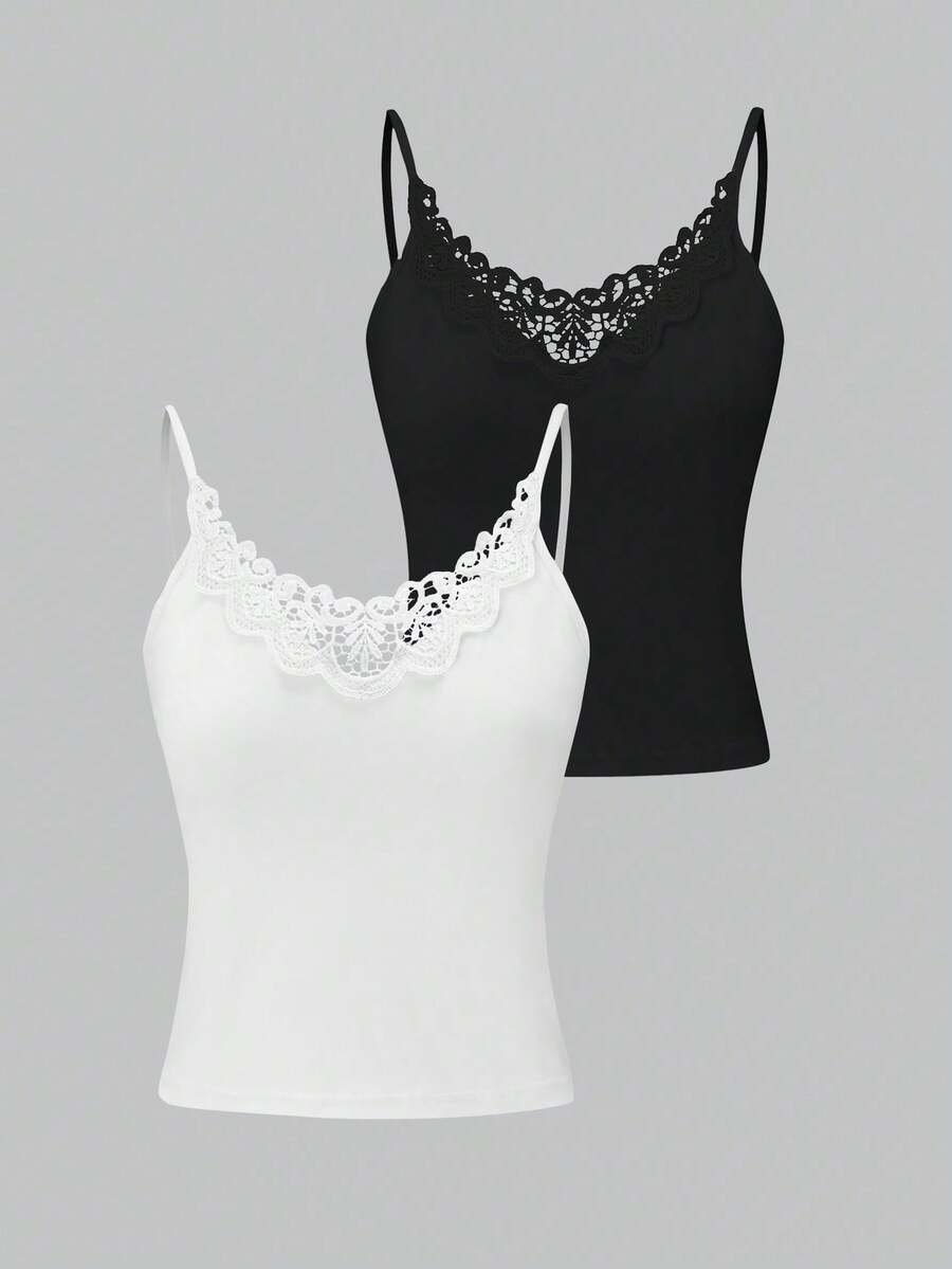 2pcs Women's Summer Casual Versatile Solid Color Contrast Lace Slim Fit Camisole - Black - View 1