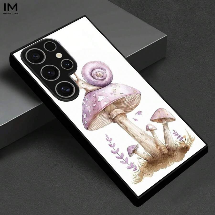 Purple Snail Mushroom Decorative Pattern High-End Glass Case, Popular Business Or Everyday Style, Suitable For S25, S24, S23, S22, S21, S20, NOTE20, NOTE10, A55, A54, A53, A52, A36, A35, A34, A33, A23, A15, A14, A13, A05s, A05. Special Glass Phone Case, Stylish, Elegant, Fashionable Phone Case, Suitable For Everyday Use, Stylish Pattern, Artistic Print, UV Printing Design, Designer Phone Accessory, Decorative Case, For Fashion Enthusiasts And Smartphone Users - 黑色 - 查看 1