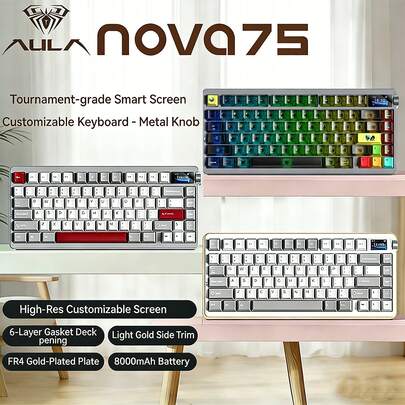 AULA Nova75 Mechanical Gaming Cream Keyboard, 8000mAh Battery, 75% Compact Layout, Gasket-Mount Design For Creamy Sound, RGB Backlight, Customizable Hot-Swappable Switches, Bluetooth/2.4GHz/USB-C Connectivity, Suitable For Gaming And Typing, Compatible With Windows And Mac