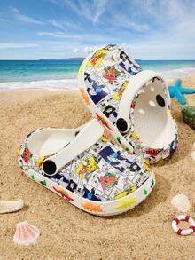 1 Pair Boys' Spring/Summer Lightweight Soft Sole Cute Cartoon Underwater World Casual Versatile Toe-Protecting Clogs - White - View 2