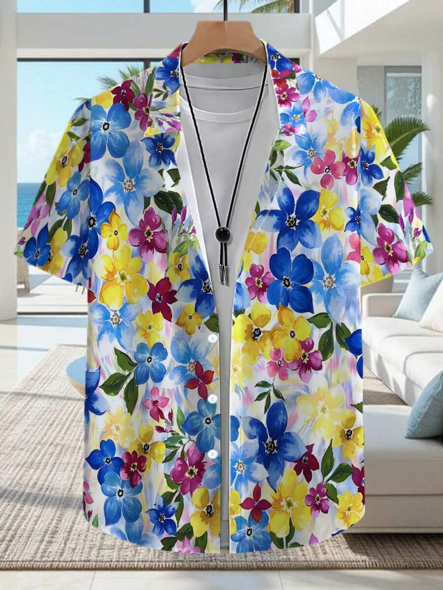 Colorful Floral Pattern Symbolizing Tropical Vitality Summer Freedom Optimism And Joy 3D Print Casual Beach Hawaiian Short Sleeve Shirt For Men - 白色 - 查看 1