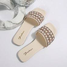 Plus Size Women Flat Sandals, Vacation Style Casual Versatile Rhinestone Decorated Slip-On Slippers - White - View 5