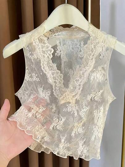 Áo hai dây ren xếp lớp kiểu Pháp dành cho nữ, áo lót lưới cổ chữ V mới với cổ áo giả, thích hợp cho mùa xuân, thu và hè.