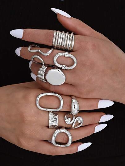 10ชิ้น/ชุด แหวนเปิดลายเรขาคณิตไม่สมมาตรที่ได้รับแรงบันดาลใจจากเหรียญวินเทจสำหรับผู้หญิง, เหมาะสำหรับวันหยุด, ปาร์ตี้, ออกเดท, สวมใส่ในชีวิตประจำวัน, ของขวัญวันวาเลนไทน์