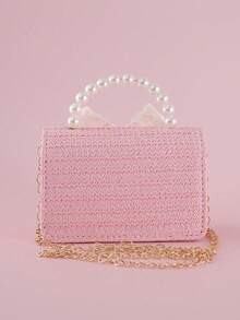 1pc Large Size Beaded Bow Decor PU Straw Material Flap Closure Casual Beaded Handbag Chain Shoulder Bag Fashion Snack & Coin Purse, Suitable For Holidays And Daily Use - Pink Straw Beaded Bow - View 4