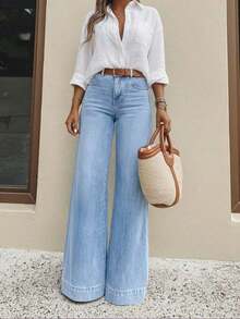 Women's Casual Wide Leg Jeans, Elegant & Fashionable Long Style With Pockets, Medium Stretch Washed Fabric Spring - 摩卡棕 - 查看 11
